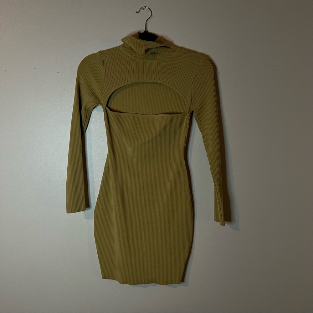 Neutral ribbed turtleneck mini dress longsleeve